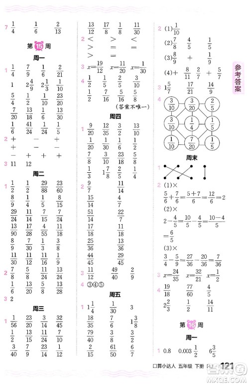 江西人民出版社2024年春王朝霞口算小达人五年级数学下册人教版答案