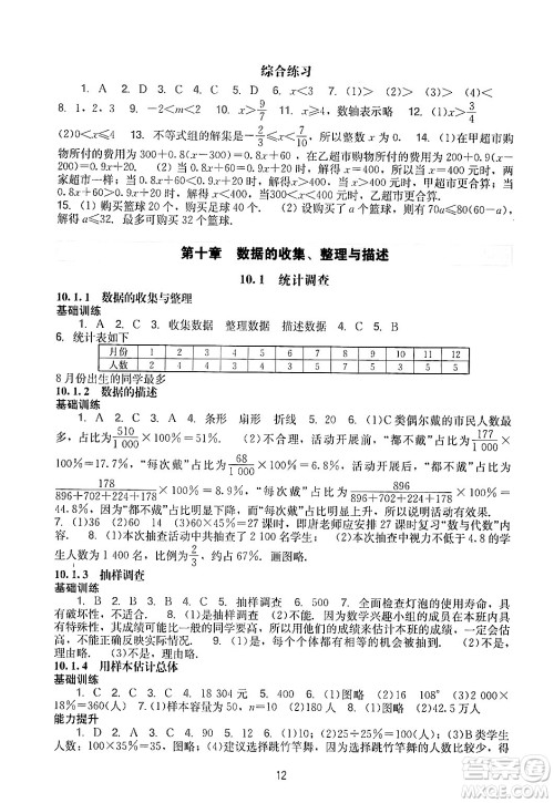 广州出版社2024年春阳光学业评价七年级数学下册人教版答案