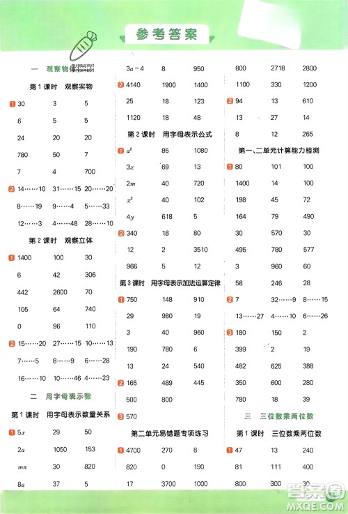 江西教育出版社2024年春阳光同学计算小达人四年级数学下册冀教版参考答案 江西教育出版社2024年春阳光同学计算小达人四年级数学下册冀教版参考答案