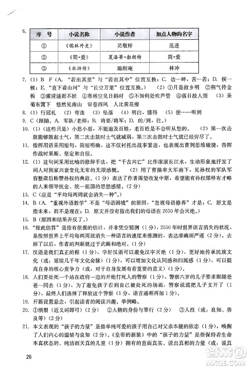 广州出版社2024年春阳光学业评价九年级语文下册人教版答案