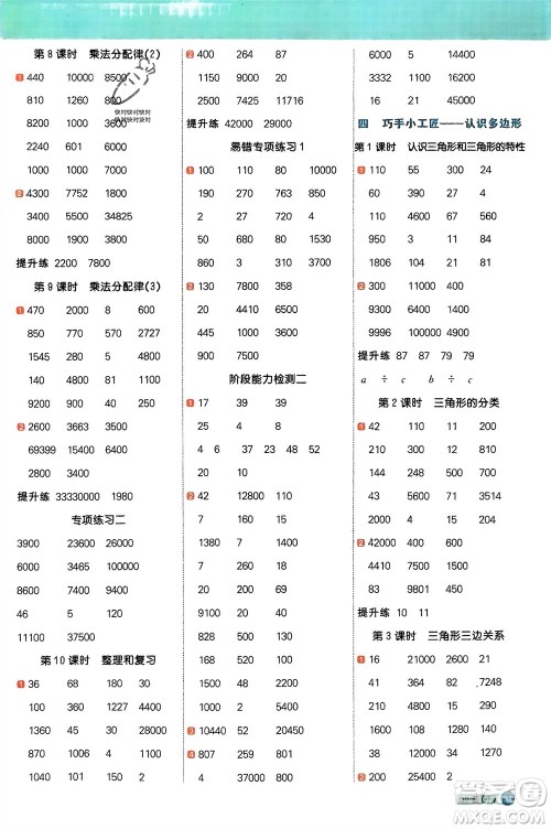 江西教育出版社2024年春阳光同学计算小达人四年级数学下册青岛版参考答案