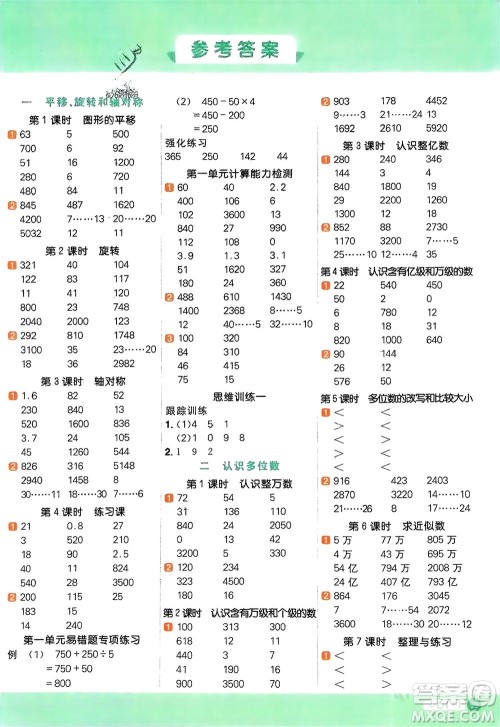 江西教育出版社2024年春阳光同学计算小达人四年级数学下册苏教版参考答案 江西教育出版社2024年春阳光同学计算小达人四年级数学下册苏教版参考答案