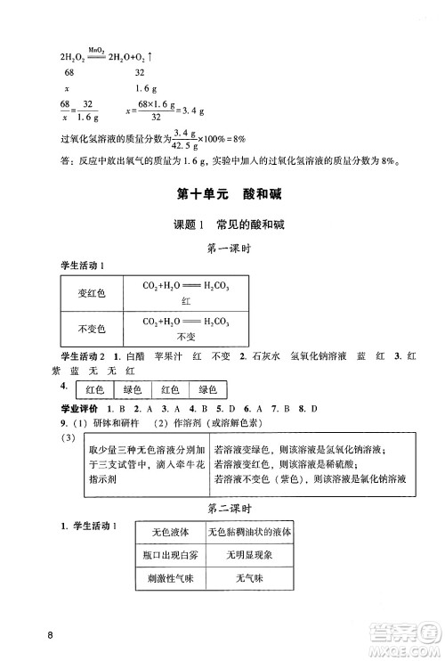 广州出版社2024年春阳光学业评价九年级化学下册人教版答案