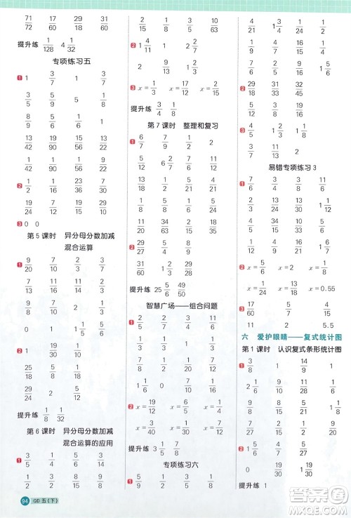 江西教育出版社2024年春阳光同学计算小达人五年级数学下册青岛版参考答案