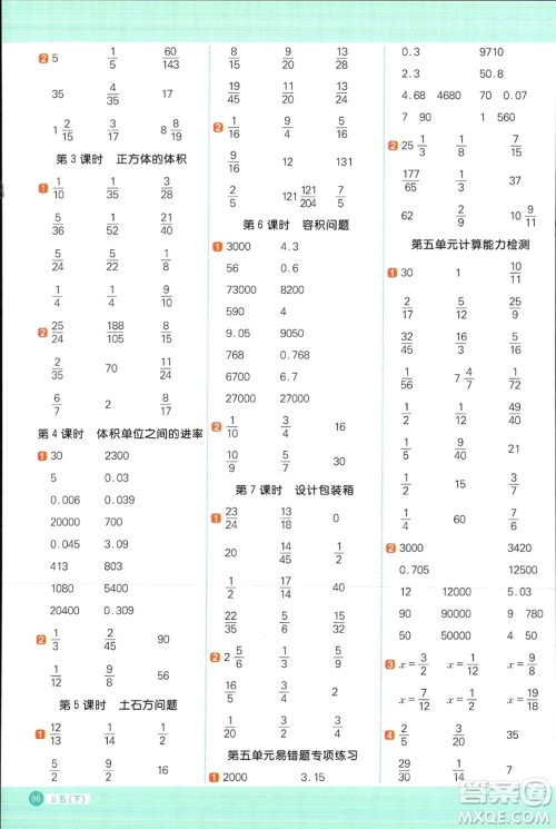 江西教育出版社2024年春阳光同学计算小达人五年级数学下册冀教版参考答案