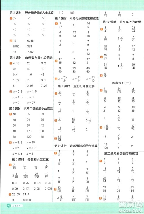 江西教育出版社2024年春阳光同学计算小达人五年级数学下册冀教版参考答案