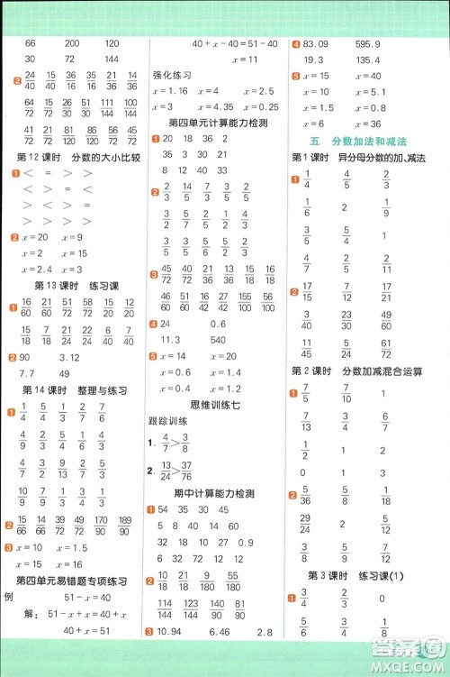 江西教育出版社2024年春阳光同学计算小达人五年级数学下册苏教版参考答案