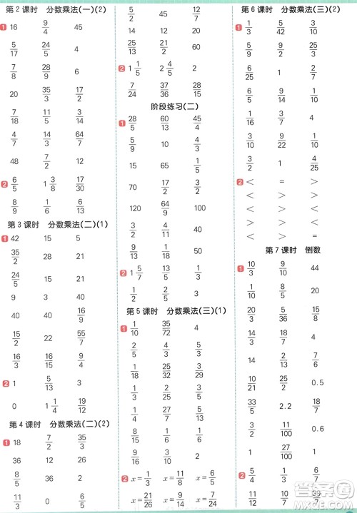 江西教育出版社2024年春阳光同学计算小达人五年级数学下册北师大版参考答案