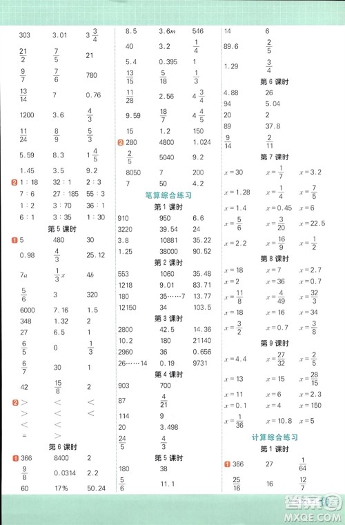 江西教育出版社2024年春阳光同学计算小达人六年级数学下册苏教版参考答案