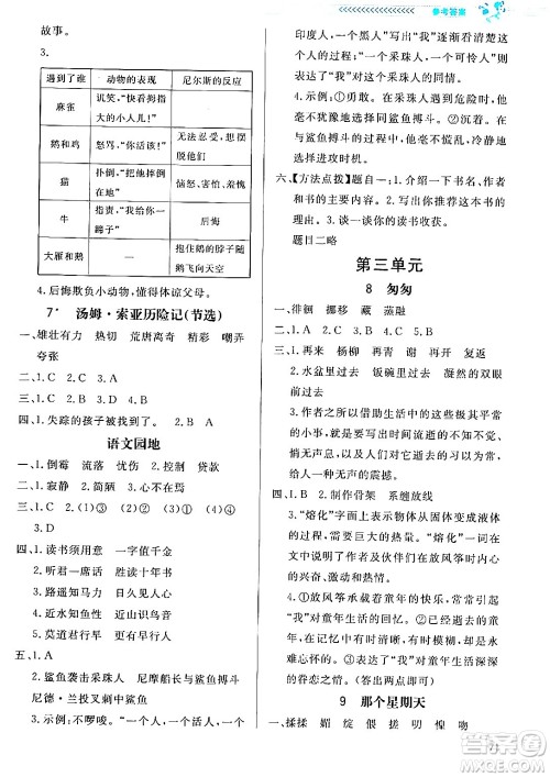 北京师范大学出版社2024年春小学同步测控优化设计课内课外直通车六年级语文下册福建专版答案