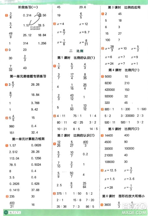 江西教育出版社2024年春阳光同学计算小达人六年级数学下册北师大版参考答案