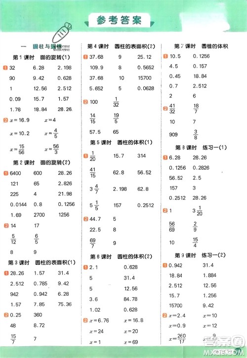 江西教育出版社2024年春阳光同学计算小达人六年级数学下册北师大版参考答案