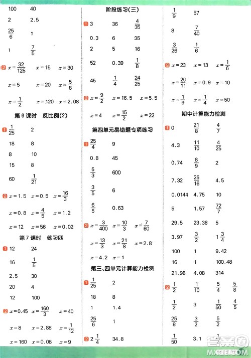 江西教育出版社2024年春阳光同学计算小达人六年级数学下册北师大版参考答案