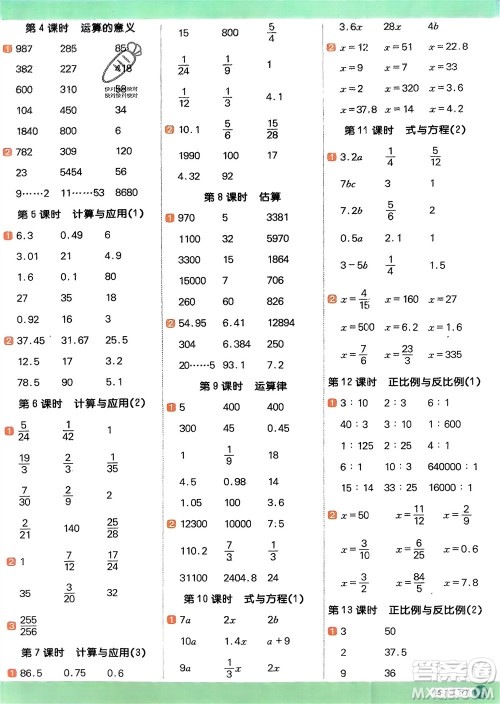 江西教育出版社2024年春阳光同学计算小达人六年级数学下册北师大版参考答案