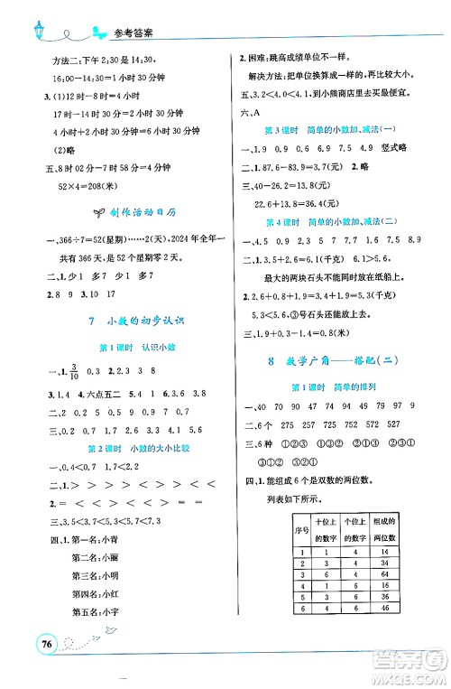 人民教育出版社2024年春小学同步测控优化设计三年级数学下册人教版福建专版答案