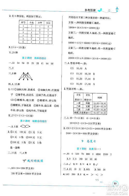 人民教育出版社2024年春小学同步测控优化设计三年级数学下册人教版福建专版答案