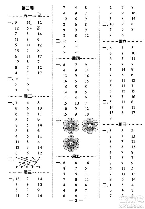 河海大学出版社2024年春经纶学霸计算小能手一年级数学下册江苏版参考答案