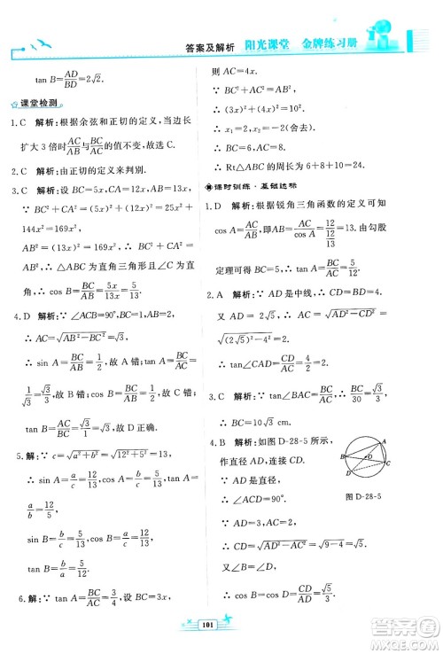 人民教育出版社2024年春阳光课堂金牌练习册九年级数学下册人教版福建专版答案