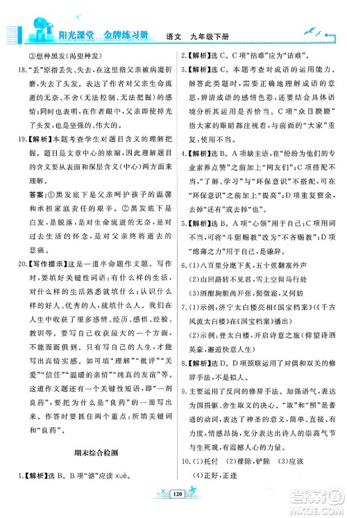 人民教育出版社2024年春阳光课堂金牌练习册九年级语文下册人教版福建专版答案