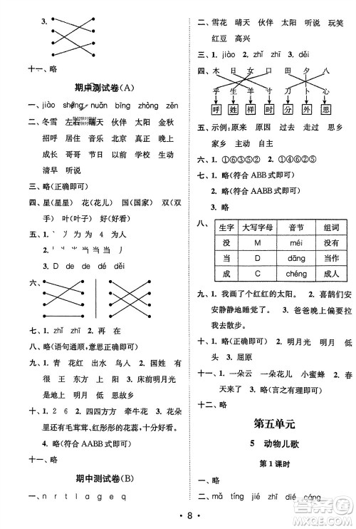 江苏凤凰美术出版社2024年春创新课时作业本一年级语文下册通用版参考答案