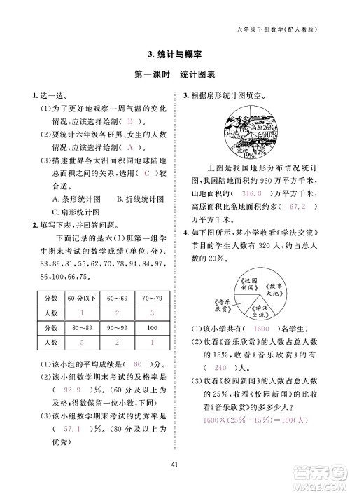 江西教育出版社2024年春数学作业本六年级数学下册人教版答案