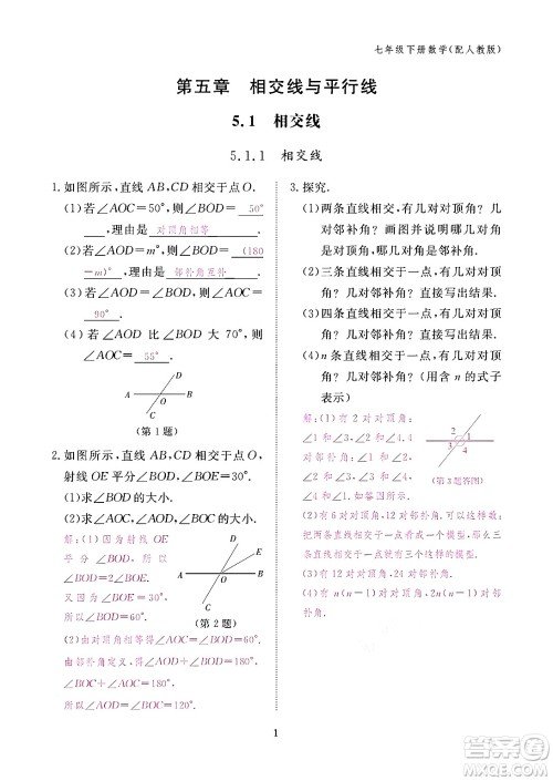 江西教育出版社2024年春数学作业本七年级数学下册人教版答案 江西教育出版社2024年春数学作业本七年级数学下册人教版答案
