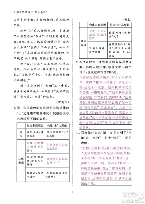 江西教育出版社2024年春语文作业本七年级语文下册人教版答案