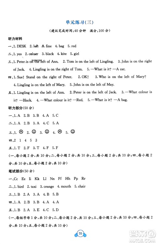 广西教育出版社2024年春自主学习能力测评单元测试三年级英语下册C版接力版参考答案 广西教育出版社2024年春自主学习能力测评单元测试三年级英语下册C版接力版参考答案