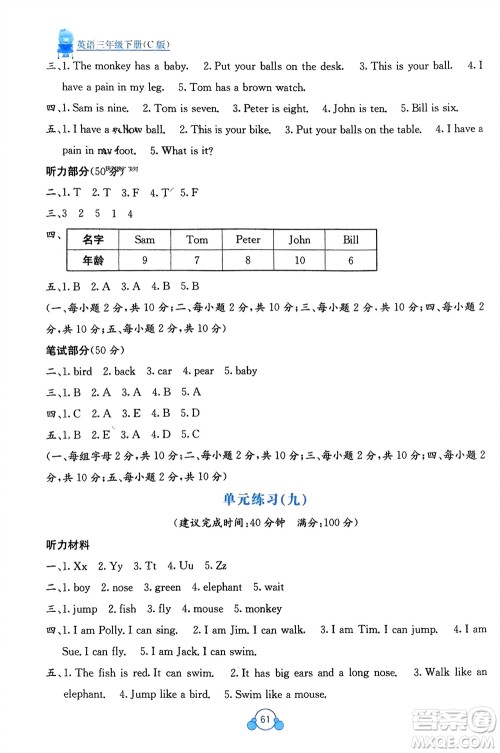 广西教育出版社2024年春自主学习能力测评单元测试三年级英语下册C版接力版参考答案