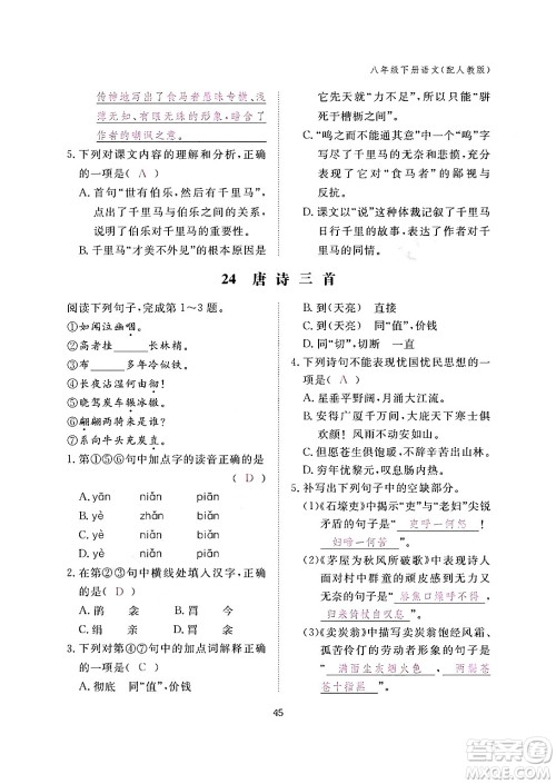 江西教育出版社2024年春语文作业本八年级语文下册人教版答案 江西教育出版社2024年春语文作业本八年级语文下册人教版答案