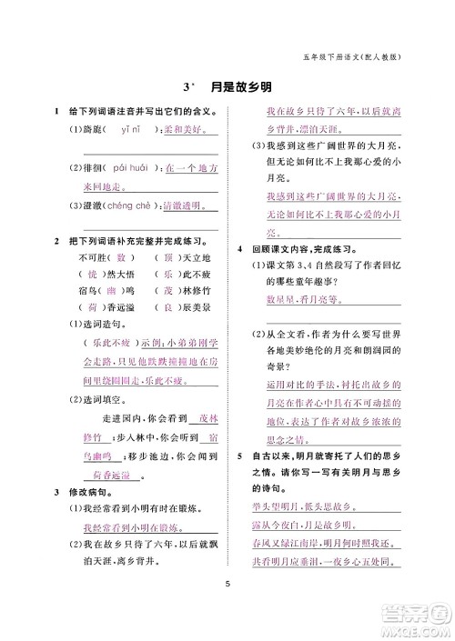 江西教育出版社2024年春语文作业本五年级语文下册人教版答案 江西教育出版社2024年春语文作业本五年级语文下册人教版答案