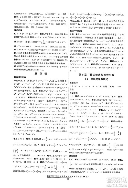 江苏人民出版社2024年春课时提优计划作业本七年级数学下册苏科版答案