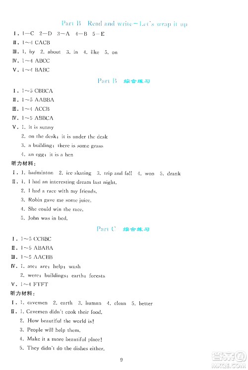 人民教育出版社2024年春同步轻松练习六年级英语下册人教PEP版答案