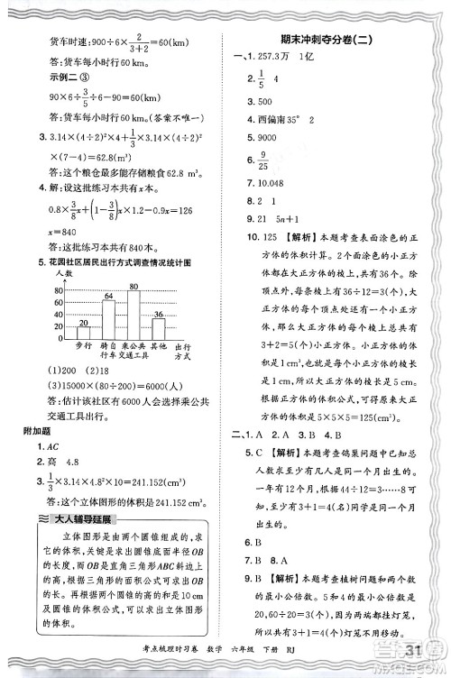 江西人民出版社2024年春王朝霞考点梳理时习卷六年级数学下册人教版答案