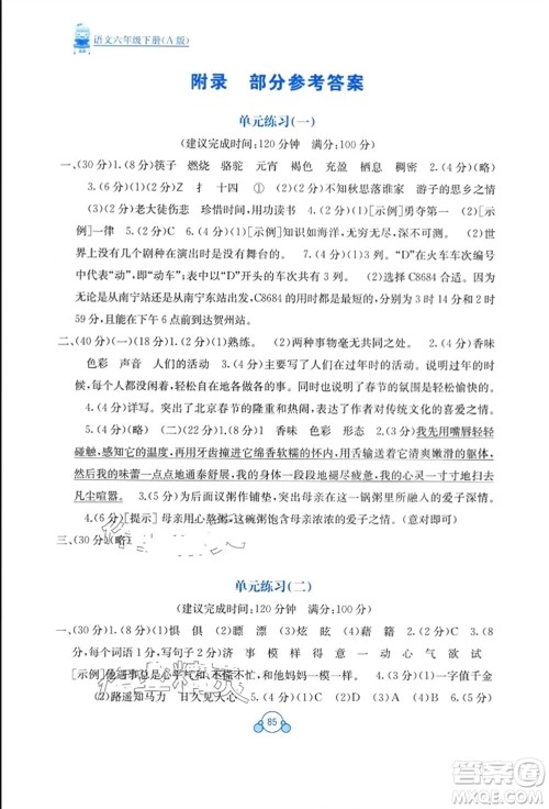 广西教育出版社2024年春自主学习能力测评单元测试六年级语文下册A版人教版参考答案 广西教育出版社2024年春自主学习能力测评单元测试六年级语文下册A版人教版参考答案