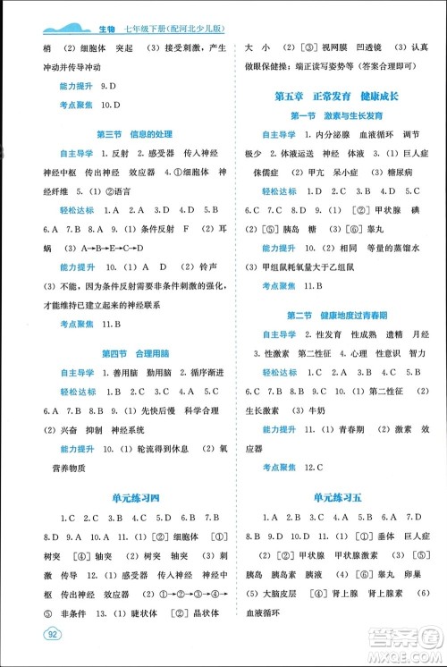 广西教育出版社2024年春自主学习能力测评七年级生物下册冀少版参考答案 广西教育出版社2024年春自主学习能力测评七年级生物下册冀少版参考答案