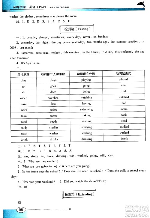 广东教育出版社2024年春南方新课堂金牌学案六年级英语人教PEP版答案