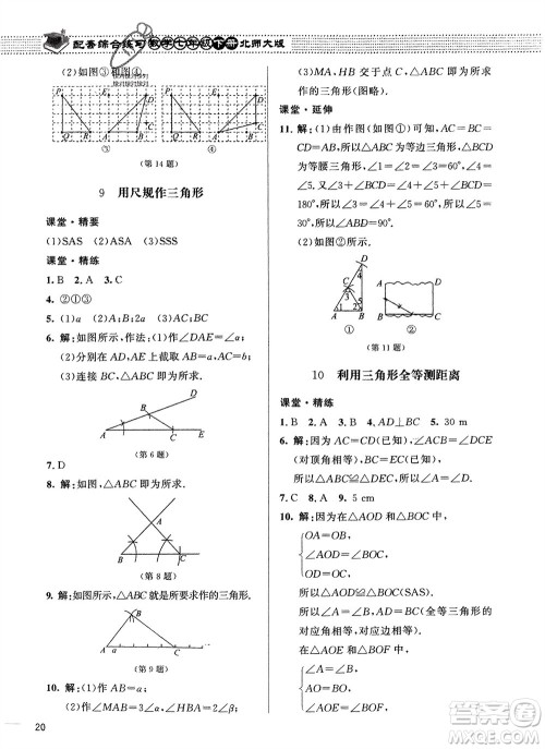 北京师范大学出版社2024年春配套综合练习七年级数学下册北师大版参考答案