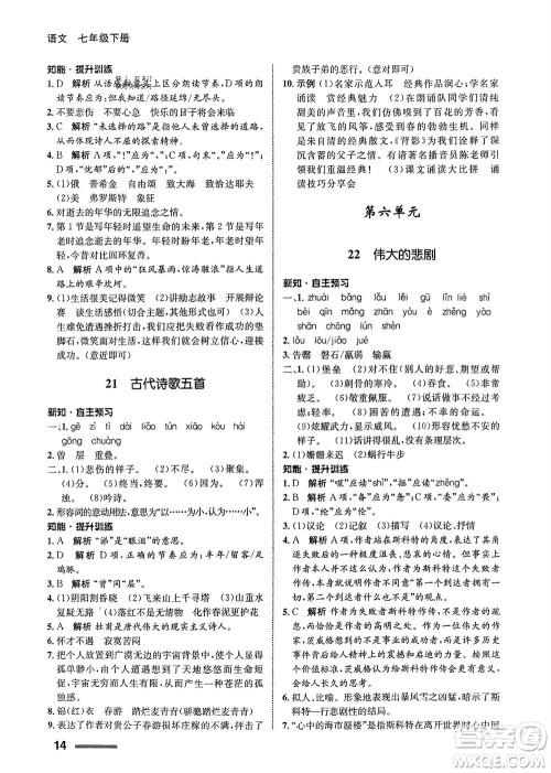 甘肃少年儿童出版社2024年春配套综合练习七年级语文下册人教版参考答案