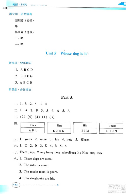 广东教育出版社2024年春南方新课堂金牌学案五年级英语人教PEP版答案