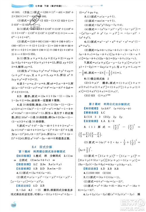 广西师范大学出版社2024年春新课程学习与测评同步学习七年级数学下册沪科版参考答案