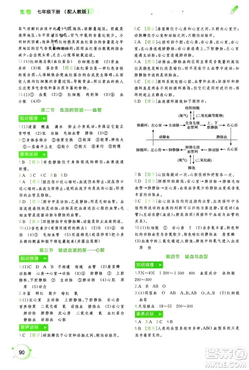 广西师范大学出版社2024年春新课程学习与测评同步学习七年级生物下册人教版参考答案