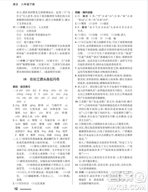 甘肃教育出版社2024年春配套综合练习八年级语文下册人教版参考答案