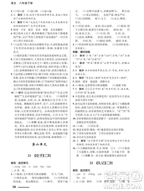 甘肃教育出版社2024年春配套综合练习八年级语文下册人教版参考答案