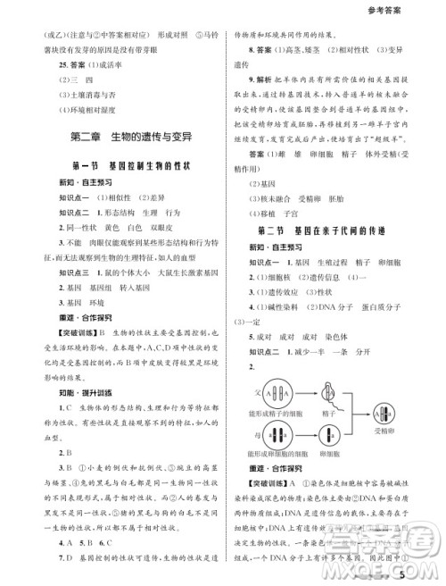 甘肃教育出版社2024年春配套综合练习八年级生物下册人教版参考答案 甘肃教育出版社2024年春配套综合练习八年级生物下册人教版参考答案