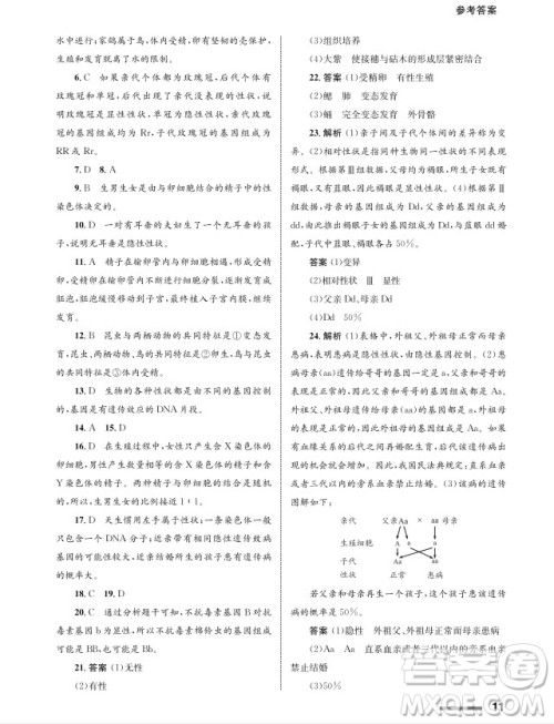 甘肃教育出版社2024年春配套综合练习八年级生物下册人教版参考答案