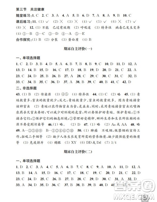 江苏凤凰教育出版社2024年春配套综合练习八年级生物下册苏教版参考答案 江苏凤凰教育出版社2024年春配套综合练习八年级生物下册苏教版参考答案