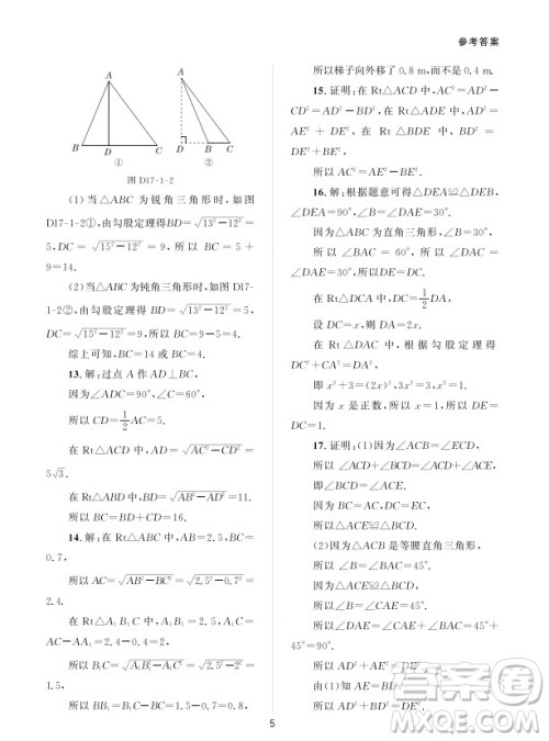 北京师范大学出版社2024年春配套综合练习八年级数学下册人教版参考答案