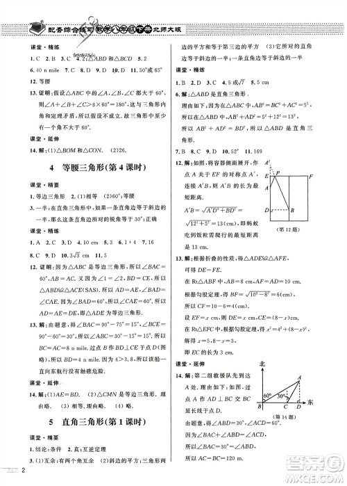 北京师范大学出版社2024年春配套综合练习八年级数学下册北师大版参考答案