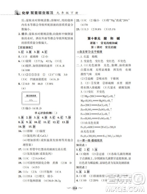 甘肃文化出版社2024年春配套综合练习九年级化学下册人教版参考答案 甘肃文化出版社2024年春配套综合练习九年级化学下册人教版参考答案